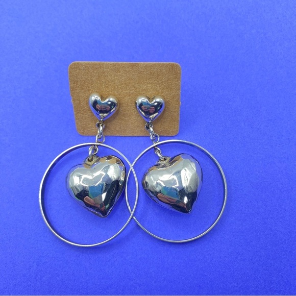 Vintage Circa 1980's Silver Tone Puffed Hearts Circle Hoop Post Earrings - Picture 4 of 7